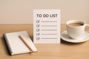 Aufgeräumter Arbeitsplatz mit Notizblock, Stift und Kaffeetasse in ruhiger Atmosphäre