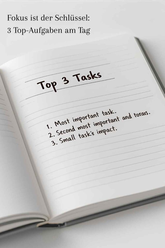 Geöffneter Notizblock mit einer Daily-Priority-Liste und den drei wichtigsten Aufgaben des Tages.