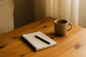 Notizbuch und Tee in warmem Licht – ruhige Szene für Motivation an Low-Energy-Tagen