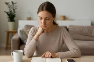Aufgeräumter Holztisch mit Notizbuch, Stift und Tasse Kaffee in warmem Morgenlicht – Symbol für klare Routinen und Struktur im Alltag.