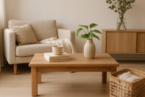 Ruhiges Wohnzimmer in warmen Naturtönen mit hellem Holz, Pflanze, Korb und Tasse auf dem Tisch – ein geordneter Raum als Symbol für gelöste Alltagsprobleme im Haushalt.