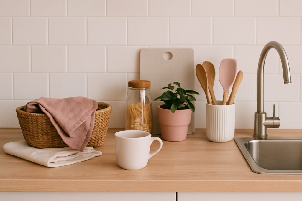 Saubere und aufgeräumte Küche mit heller Arbeitsfläche, natürlicher Dekoration und ruhiger Atmosphäre