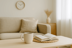 Ein heller, aufgeräumter Raum mit sanftem Licht, Symbol für einen strukturierten und stressfreien Haushalt. Das Bild steht für Organisation, Klarheit und Ruhe im Alltag.