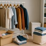 Kleiderschrank beim Ausmisten: Kleidung auf einem Kleiderständer, daneben Sortierboxen und gefaltete Stapel für mehr Ordnung.