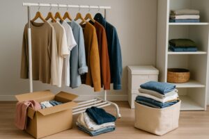 Kleiderschrank beim Ausmisten: Kleidung auf einem Kleiderständer, daneben Sortierboxen und gefaltete Stapel für mehr Ordnung.