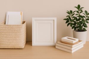 Ordentlich arrangierter Schreibtisch mit Pflanzen, Notizbüchern, Rahmen und Korb – ruhige, minimalistische Szene für ein aufgeräumtes Zuhause.