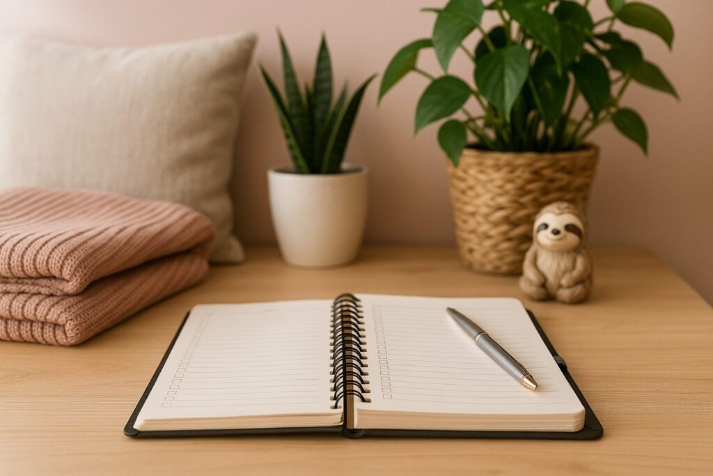 Ruhiges Wohnzimmer mit sanften Farben, dekorativen Körben und einer aufgeräumten Atmosphäre