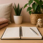 Ruhiges Wohnzimmer mit sanften Farben, dekorativen Körben und einer aufgeräumten Atmosphäre