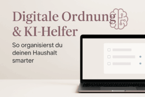 Abstraktes Bild eines Laptops mit Symbolen für künstliche Intelligenz und digitale Tools – steht für moderne Organisation und KI-gestützte Alltagshelfer.