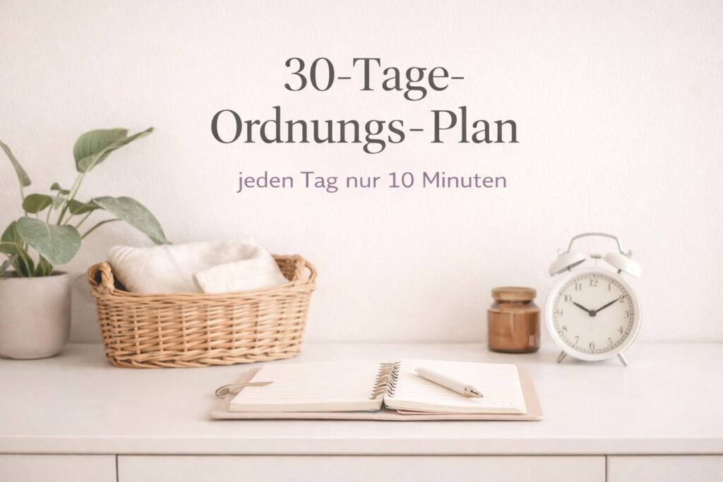 Beitragsbild zum 30-Tage-Ordnungs-Plan – ruhige, aufgeräumte Szene mit Notizblock und Wecker