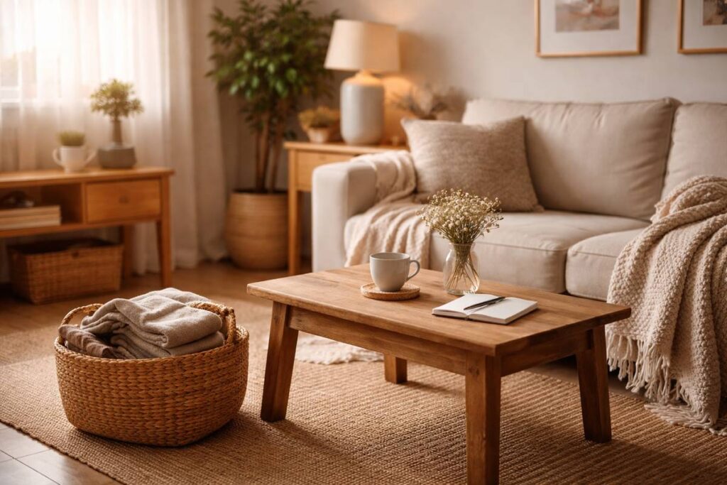 Aufgeräumtes Wohnzimmer mit Korb und Decke – Haushalt in den Griff bekommen nach Reset