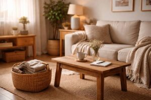 Aufgeräumtes Wohnzimmer mit Korb und Decke – Haushalt in den Griff bekommen nach Reset