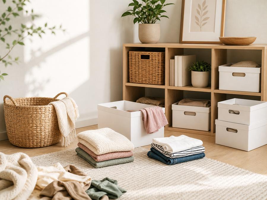 Aufräumen im Haushalt mit System: ordentlich sortierte Kleidung und Aufbewahrungsboxen für mehr Struktur und Ruhe im Zuhause