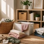 Minimalistische Wohnzimmerecke mit ruhiger Ordnung, Körben und warmen Naturtönen