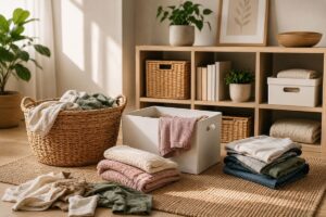 Minimalistische Wohnzimmerecke mit ruhiger Ordnung, Körben und warmen Naturtönen