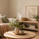 Helles ruhiges Wohnzimmer mit Körben, gefalteter Wäsche und minimalistischer Ordnung im Japandi-Stil
