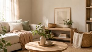 Helles ruhiges Wohnzimmer mit Körben, gefalteter Wäsche und minimalistischer Ordnung im Japandi-Stil