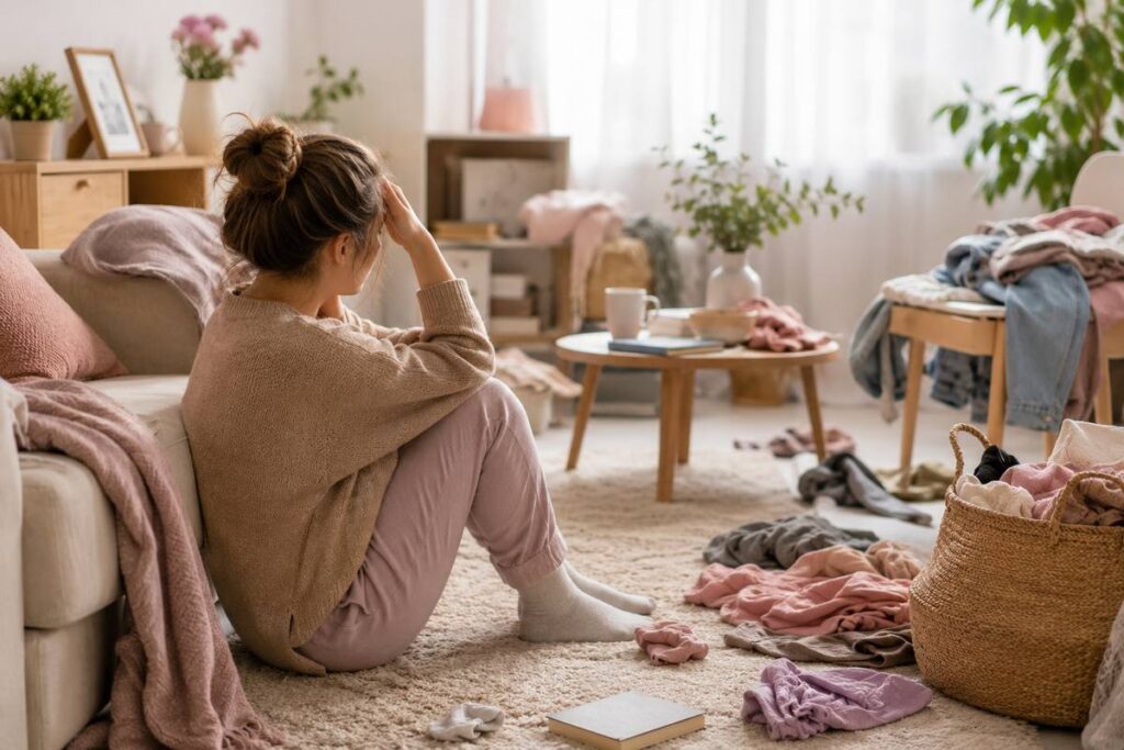 Nachdenkliche Frau sitzt in einer unordentlichen Wohnung mit Wäsche, Geschirr und Alltagschaos