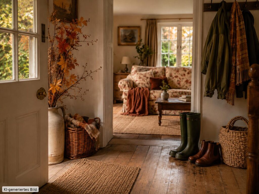 Gemütlicher Eingangsbereich eines englischen Cottages im Herbst mit Jacken, Stiefeln, Körben und Blick ins Wohnzimmer