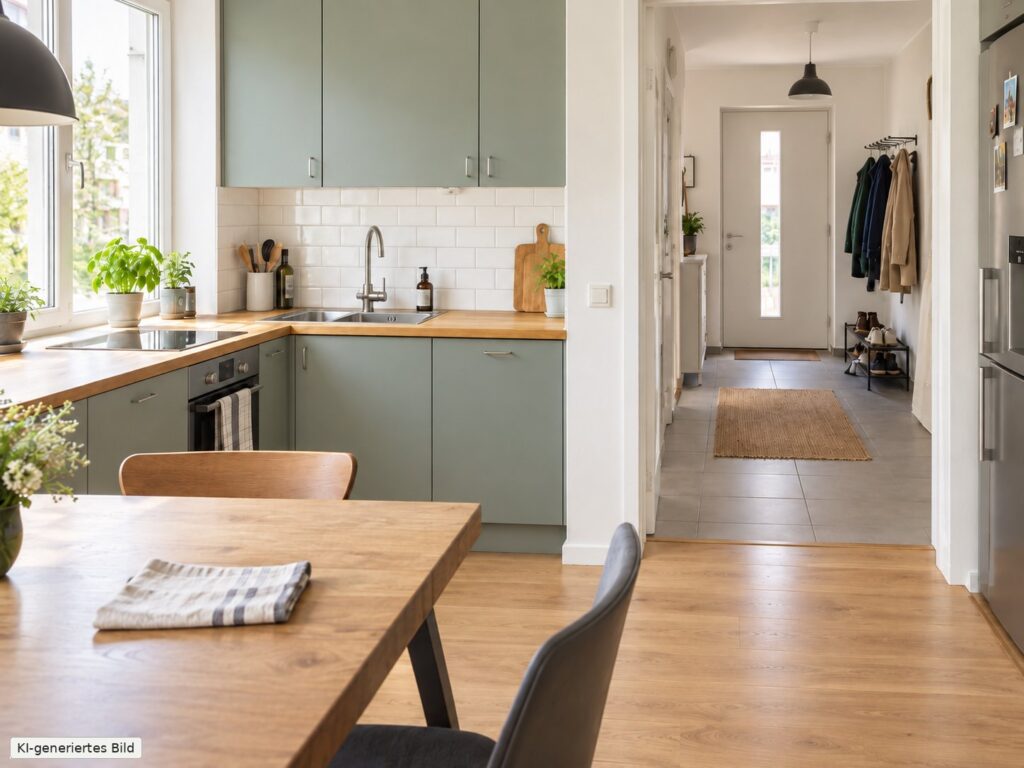 Aufgeräumte Küche mit Blick in den Flur als Beispiel für einen Wochenreset im Haushalt