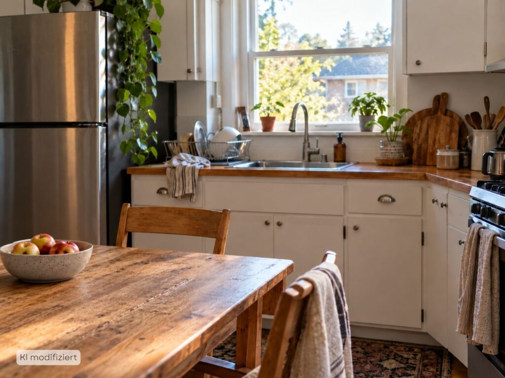 Gemütliche Küche mit Holztisch, Geschirr am Spülbecken und einigen Alltagsgegenständen. Ein Beispiel für einen Haushalt, der auch mit wenig Energie Schritt für Schritt erledigt werden kann.